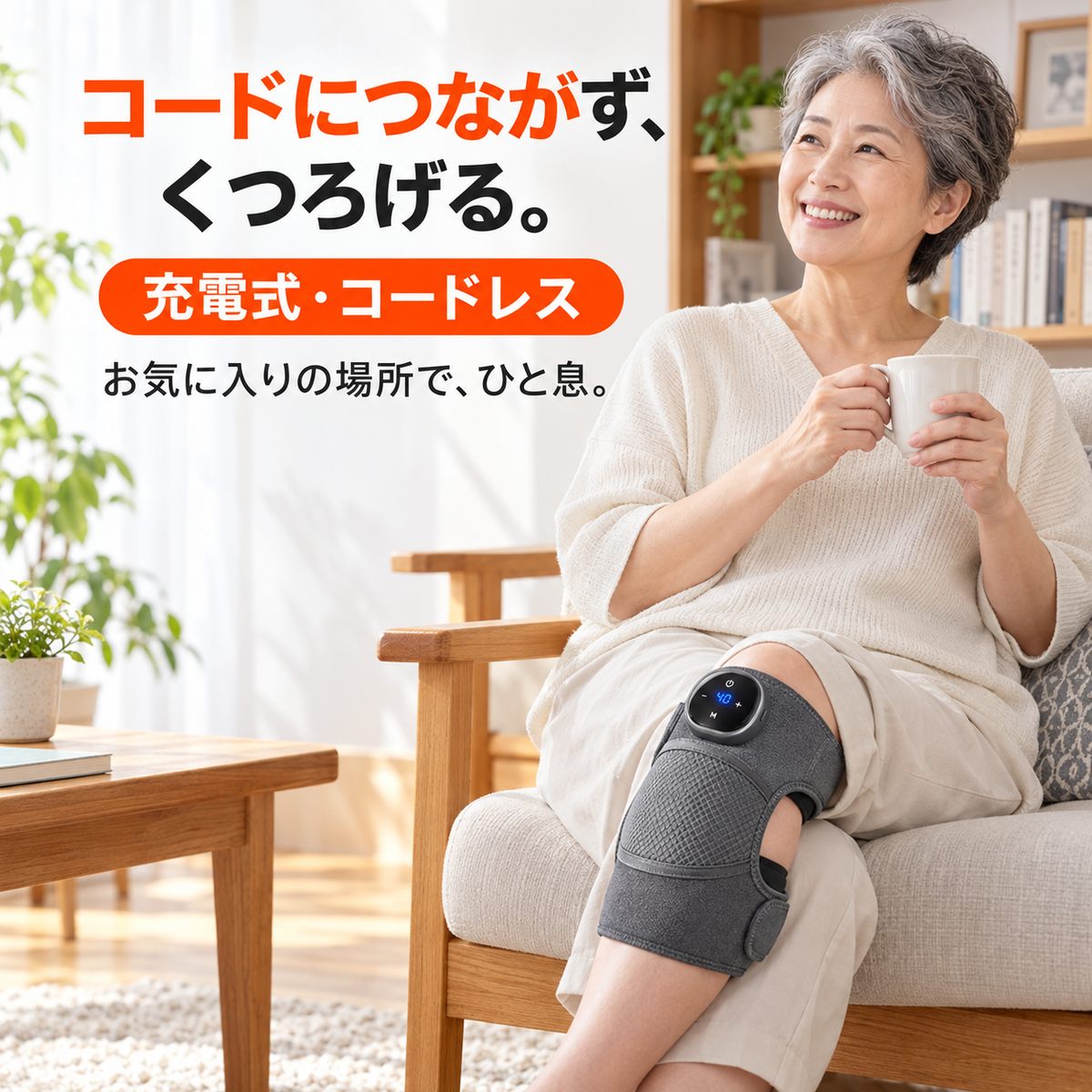 コードにつながず、くつろげる。 充電式・コードレス お気に入りの場所で、ひと息。