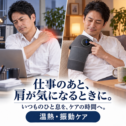 仕事のあと、肩が気になるときに。 いつものひと息を、ケアの時間へ。 温熱・振動ケア